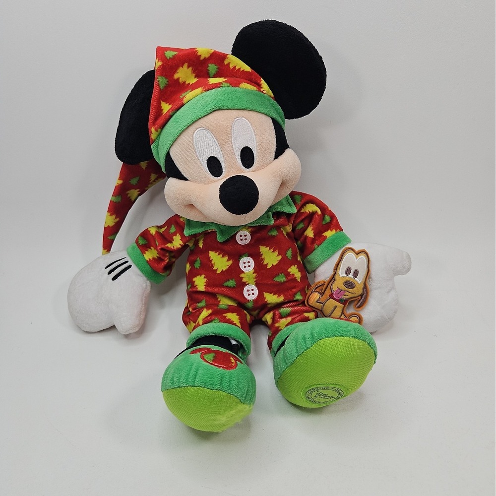 A35 Disney Christmas Tree Pajamas Mickey Plush! 15" Stuffed Plush With Pluto